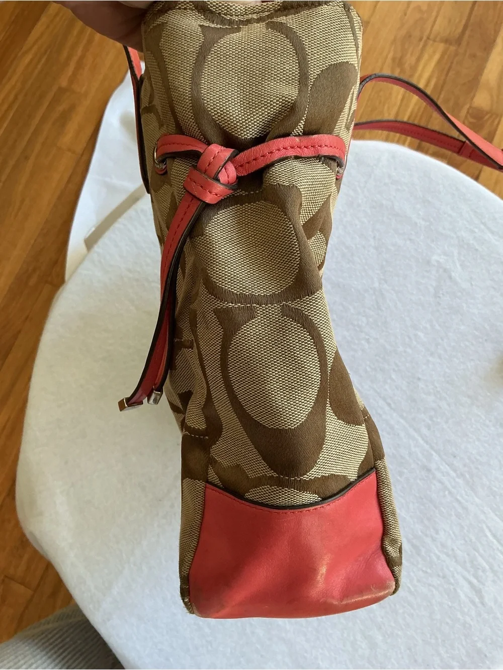 Coach Chelsea Signature Stripe Charlie Tote Khaki Coral‎ Patent Leather Bag